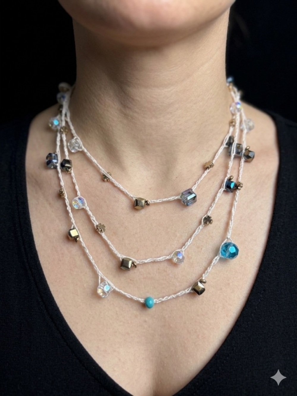 Long Beaded Crochet Necklace | Clover Bead Detail | Glass & Crystal Beads | 25”